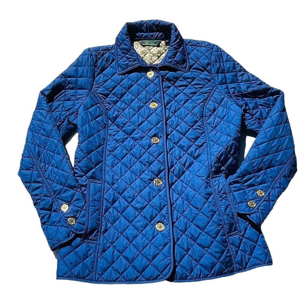 C Wonder Blue Navy Quilted Inside Print Jacket Coat Small Pockets Button Up